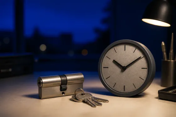 Bombín y llaves junto a un reloj durante un servicio nocturno